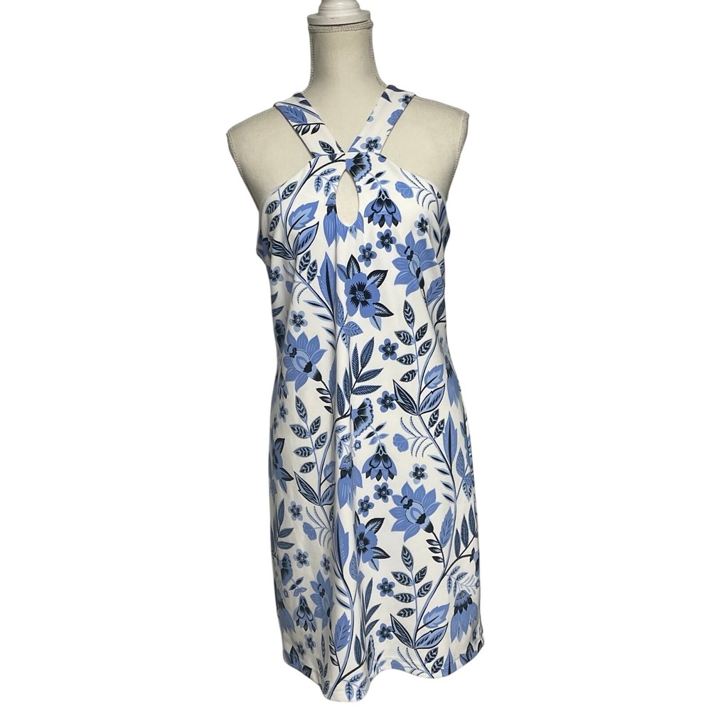 Boston‎ Proper Blue White Floral  Keyhole Halter Midi Sun Dress Women's Medium
